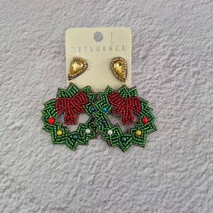 Influence Christmas Wreath Beaded Drop Earrings Green Red Bow Holiday NEW